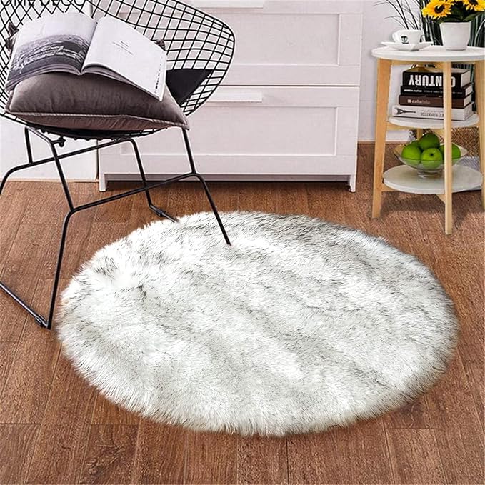 Goolela Round Fluffy Rug 3ft White with Grey Tips Circle Faux Sheepskin Fur Rug for Bedroom Living Room Fuzzy Furry Small Décor Washable