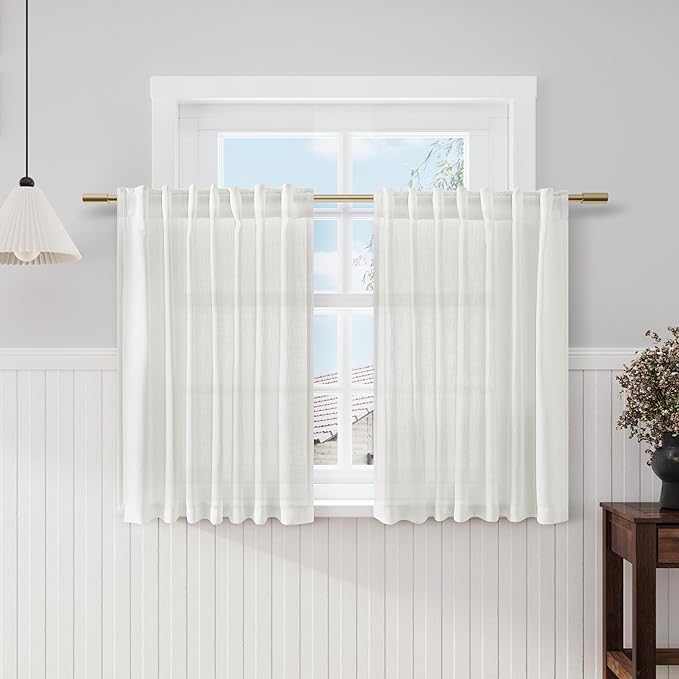 Nanspring Off White Cafe Curtains 45 Inch Length Set 2 Panel Back Tab Pocket Semi Sheer Short Linen White Curtain Tiers for Small Bathroom Window Basement 52x45