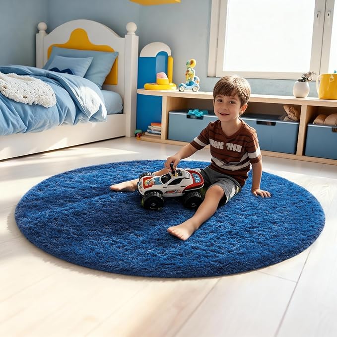 Ophanie Blue Round Rug 4Ft Circle Area Rug, Boys Room Decor, Fluffy Fuzzy Plush Soft Bedroom Carpet, Shaggy Living Room Rugs for Kids Home Nursery Decor Aesthetic