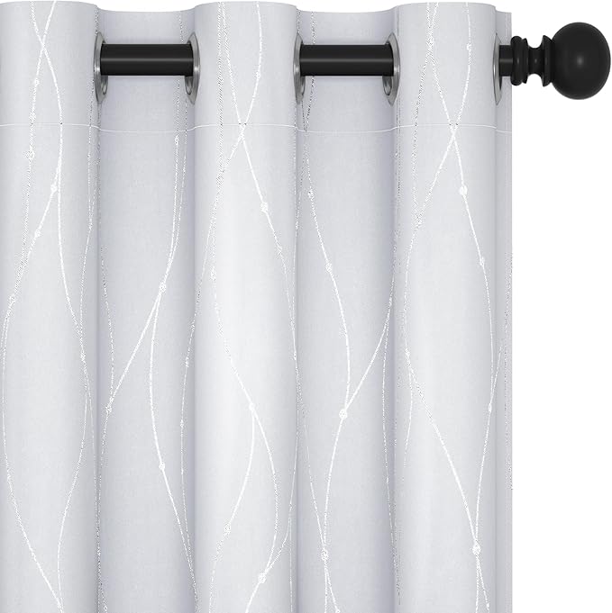 Deconovo Room Darkening Curtains, White Curtain, Thermal Insulated Soundproof Drapes, Silver Wave Dot Print, 42 x 63 Inch Long, Grommet Machine Washable Window Panels for Bedroom Living Room, Set of 2