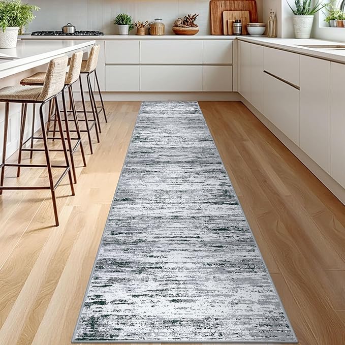 Lansny Modern Abstract Runner Rug 2.6x12, Black Grey White Washable Long Kitchen Runner Non-Slip Soft Hallway Rug Runner Thin Print Faux Wool Carpet for Entryway Bedroom Laundry Room Indoor Home Decor