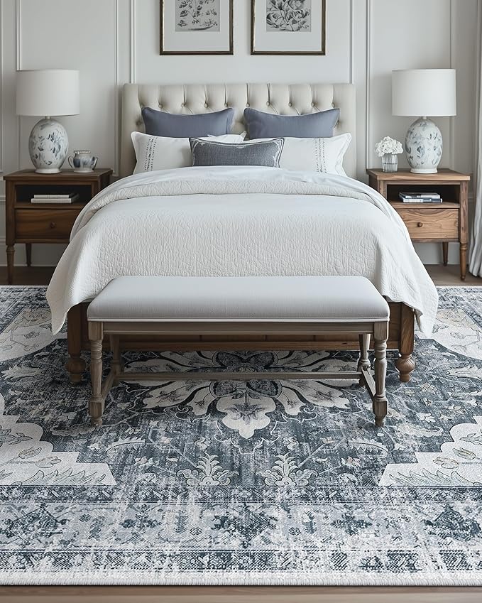 RELEANY Area Rugs 6'x9' Washable Non-Slip, Floral Vintage Distress Print Pattern Medallion Carpet for Living Room Bedroom Dining Room, Light Gray Grey White