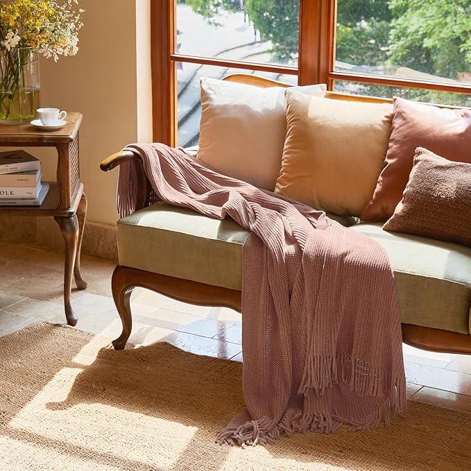 lifein Throw Blanket for Couch, Soft Boho Decor Bed Throw,Cozy Chenille Knitted Small Farmhouse Lightweight Throw (Pink,60 * 80")