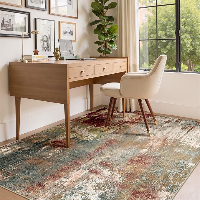 Washable Area Rugs 4'x5' Non-Slip Modern Abstract Soft for Living Room Entryway Bedroom Nursery, Print Pattern, Brown Rust Red Green Blue Multi
