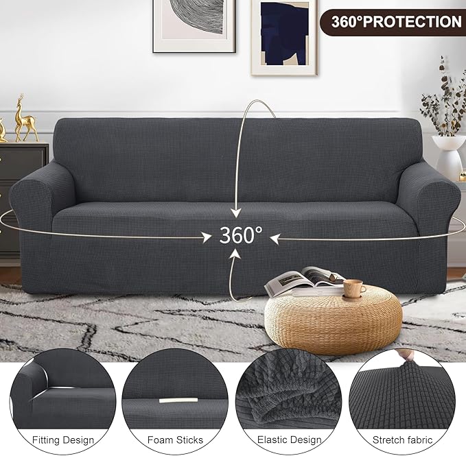 U-NICE HOME 4 Seater Stretch Couch Cover Sofa Cover Washable Sofa Slipcover Furniture Protector for 3 Cushion Couch Sofa Pet Friendly, Dark Grey