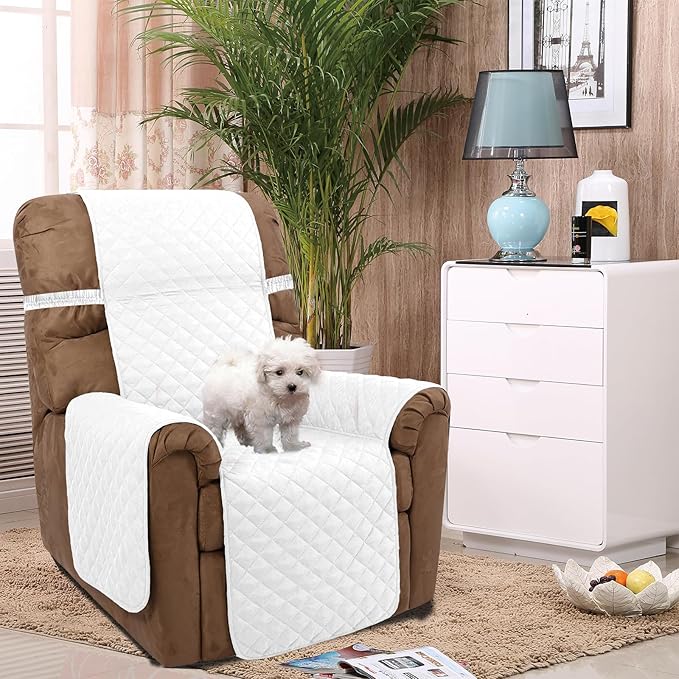 U-NICE HOME Recliner Chair Covers Reversible Quilted Water Repellent Pet Protectors with Elastic Straps (23''Recliner Small, White/White)