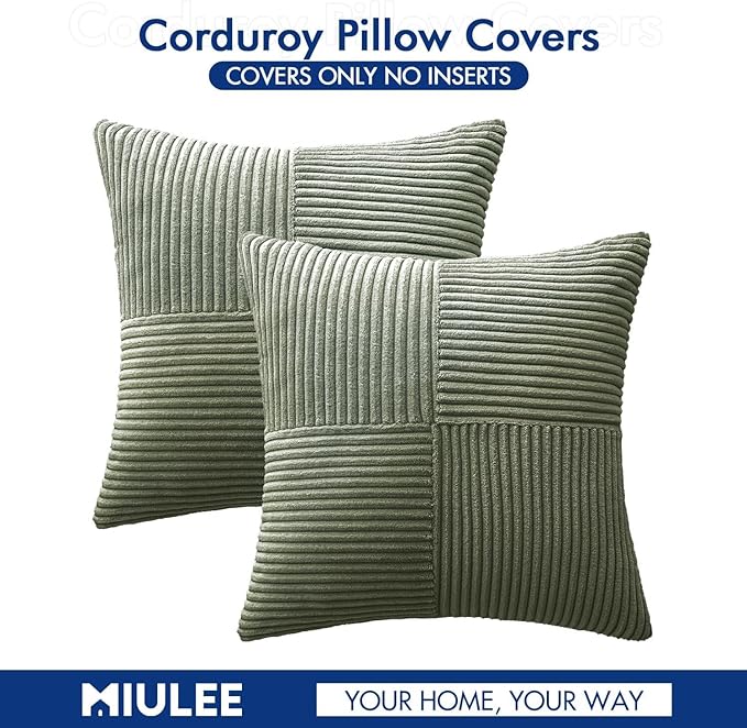MIULEE Light Olive Green Decorative Throw Pillow Covers 18x18 Inch for Couch Bed Sofa Pack of 2 Boho Farmhouse Throw Pillows Soft Cross Corduroy Patchwork Textured Cushion Cases