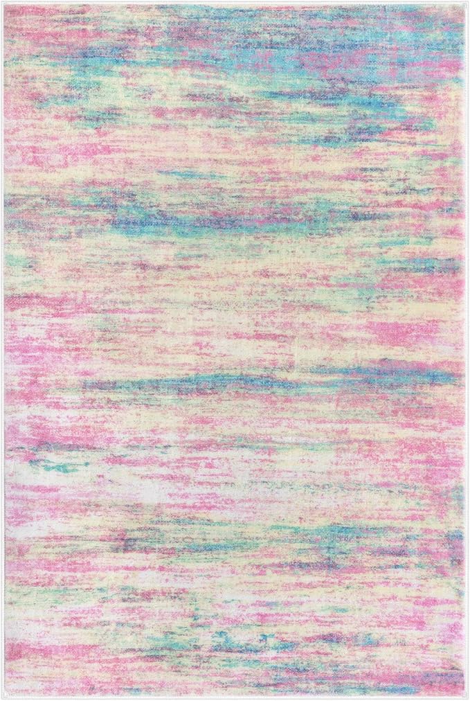 KOZYFLY Modern Abstract Pink 3x5 Area Rug Washable Girls Kids Bedroom Rug Throw Entry Mat Non-Slip Carpet Dining Room Rug with Soft Low Pile for Living Room Kitchen Bath Office