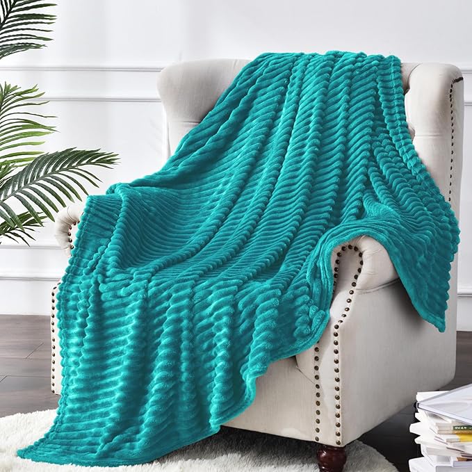 BEDELITE Fleece Throw Blanket for Couch – 3D Ribbed Jacquard Soft and Warm Decorative Fuzzy Blanket – Cozy, Fluffy, Plush Lightweight Blue Throw Blankets for Bed, Sofa, 50x60 inches