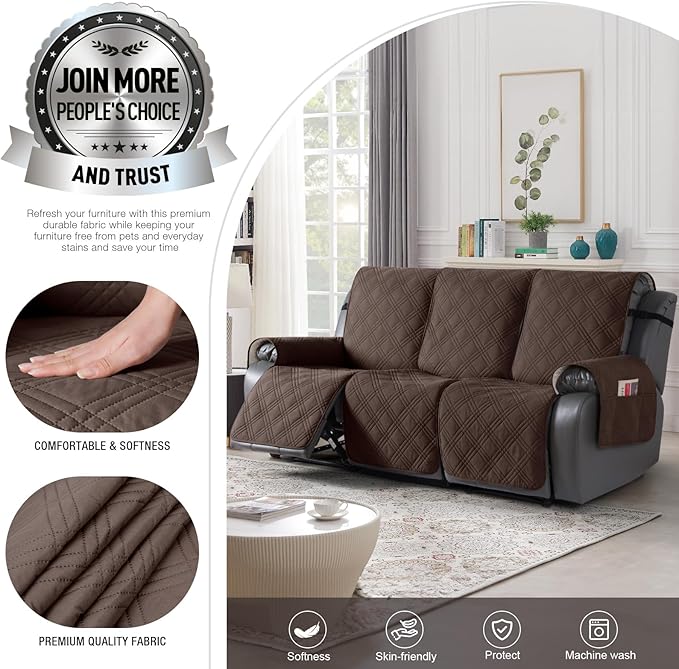 TAOCOCO 100% Waterproof Recliner Sofa Cover, Non Slip Split Couch Covers for Reclining Couches with Straps, Washable Reclining Sofa Cover Furniture Protector for Kids Pets(3 Seater, Dark Brown)