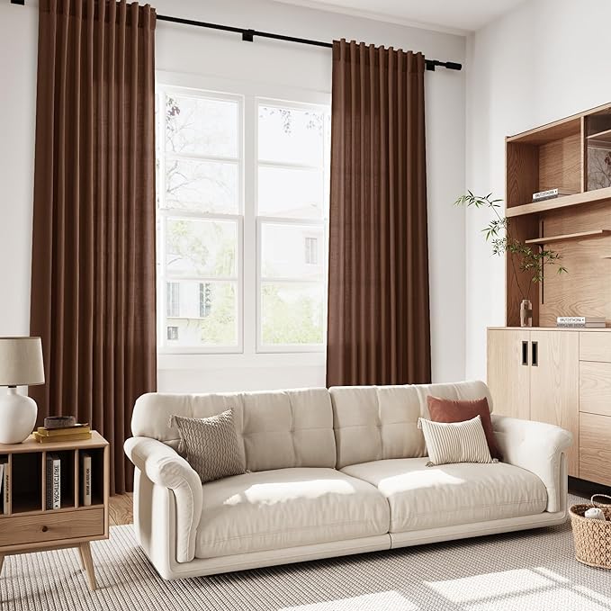 Nanspring Linen Curtains 108 Inches for Living Room Bedroom Set Mocha Brown Extra Long Back Tab Curtain Light Filtering Sheer Drapes Floor to Ceiling Curtain for Large Windows 52x108, 2 Panels