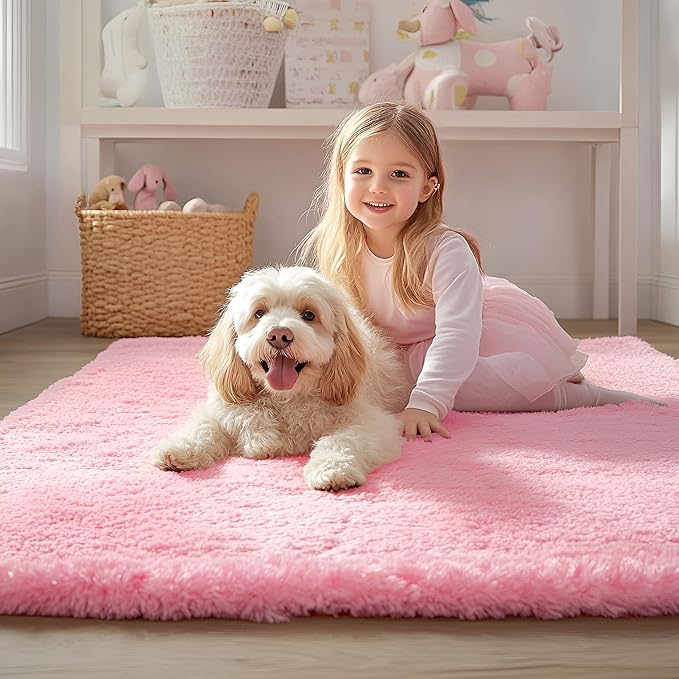 OLANLY 3x5 Machine Washable Small Bedside Rug, Soft Fluffy Shaggy Rugs for Living Room, Bedroom, Indoor Floor Carpet for Kids Girls and Boys, Preppy Dorms, Nursery, Home Decor Aesthetic, Pink