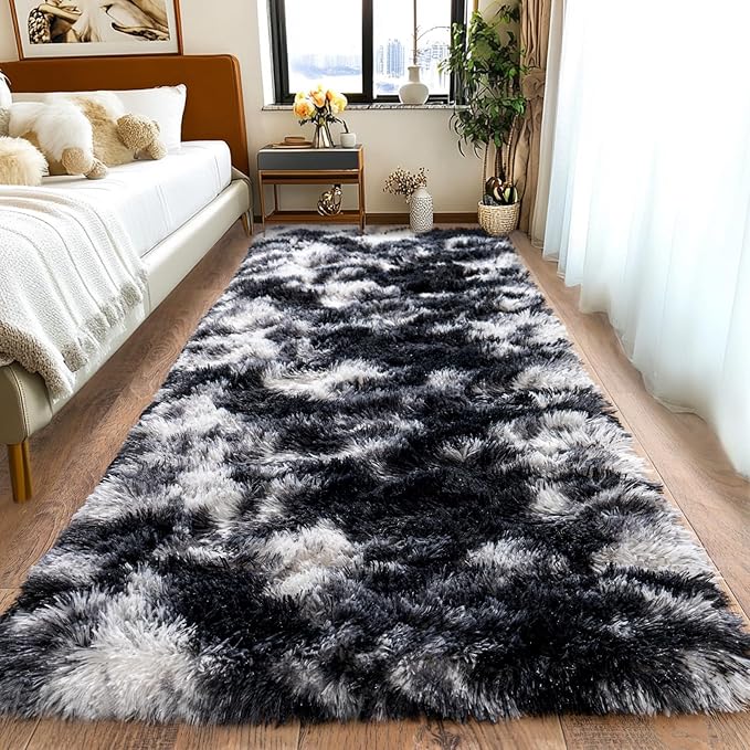 Pionblank Fluffy Runner Rugs for Bedroom 2x6, Modern Shaggy Area Rug for Hallway Living Room, Plush Soft Fuzzy Bedside Carpet for Kids Girls Boys Room Nursery Decor, Black White