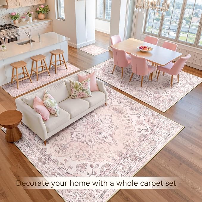 Area Rugs 8'x10' Washable Non-Slip, Floral Vintage Distress Print Pattern Medallion Carpet for Living Room Bedroom Dining Room, Pink Greypink Cute