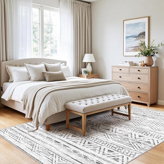 4x5 Washable Entryway Area Rug: Modern Moroccan Runner Rugs Indoor Soft Non Slip Door Mat for Living Room Low Pile Thin Floor Carpet for Kitchen Dining Room Bedroom Home Office Decor(4x5,Grey)