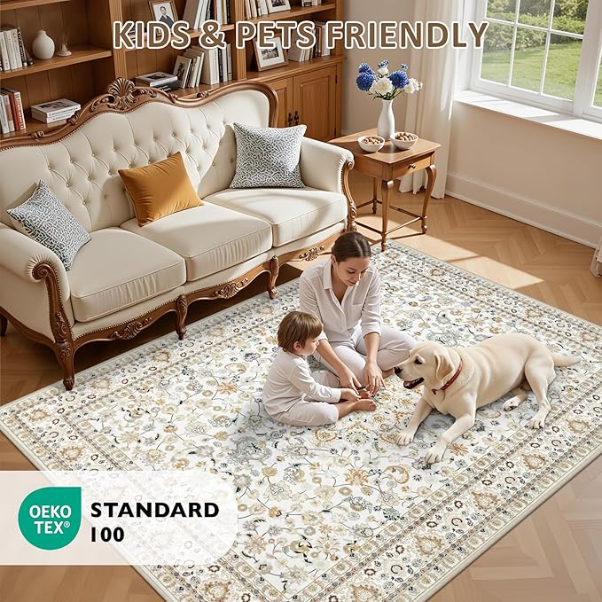 Area Rugs 10x14 Living Room Rug: Washable Rug Soft Vintage Boho Carpet Indoor Floor Non-Slip Stain Resistant Large Carpets for Bedroom Dining Room Farmhouse Nursery Home Office Beige