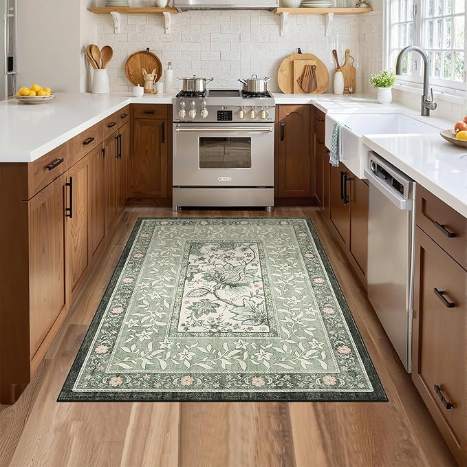 GarveeHome Provence Botanical Grove 4x6 Rug Sage Green Vintage Cottagecore Carpet 4 x 6 Area Rug for Bedroom Living Room Nursery Kitchen Entryway Indoor Mat