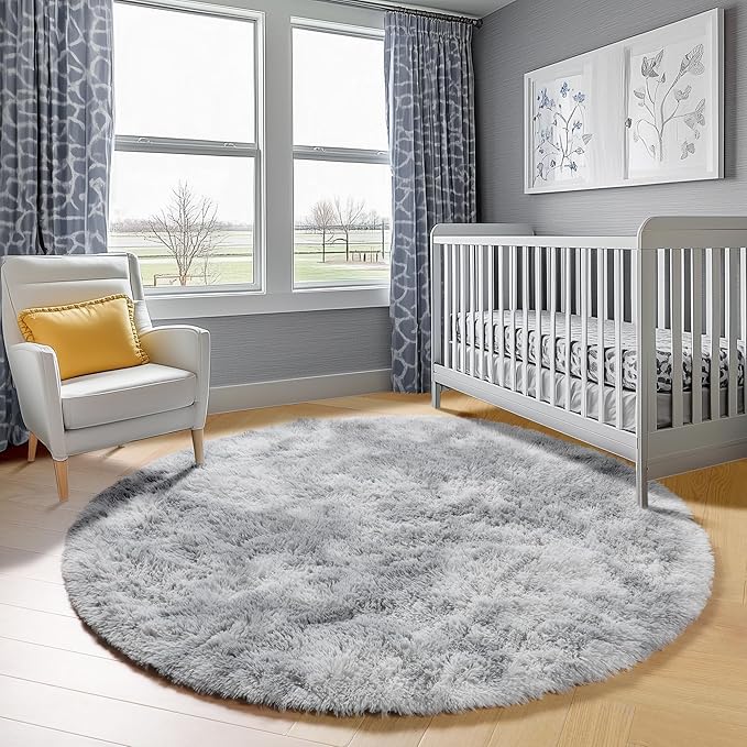 ONASAR Tie-Dyed Light Grey Round Area Rug 4ft, Ultra Soft Bedroom Circle Rugs for Kids Girls Teen Room, Fluffy Plush Shaggy Carpet Floor Mats for Baby Nursery Living Room Playroom Home Decor