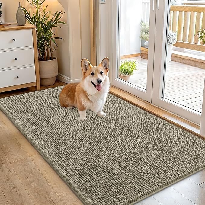 OLANLY Dog Door Mat for Muddy Paws 54x32, Absorbs Moisture and Dirt, Absorbent Non-Slip Washable Doormat, Quick Dry Chenille Mud Mat, Entry Indoor Entryway Carpet for Inside Floor, Warm Taupe