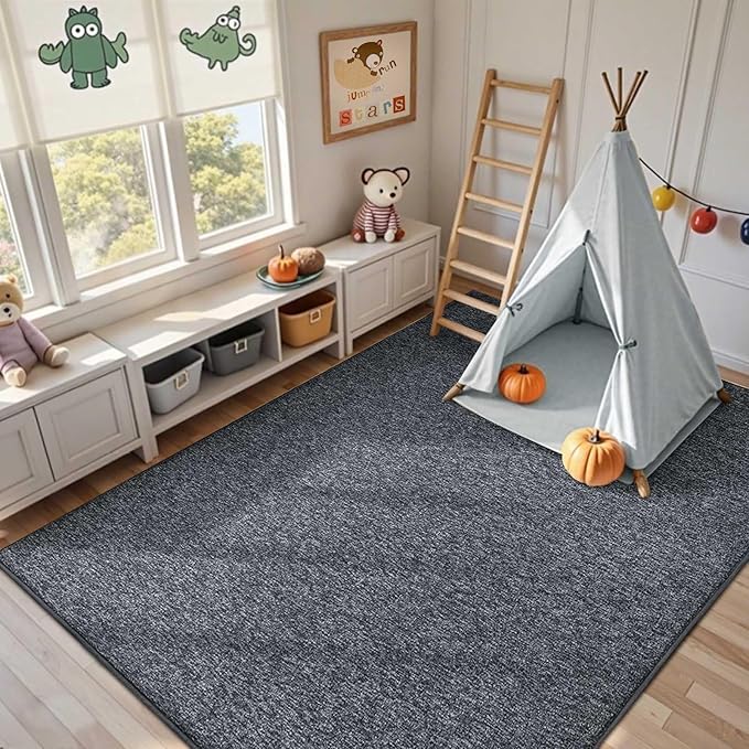FinRèc 7x10 Washable Area Rugs for Bedroom Living Room, Low Pile Thin Rug Solid Color, Non-Slip Carpet Indoor for Home Decor (Grey)