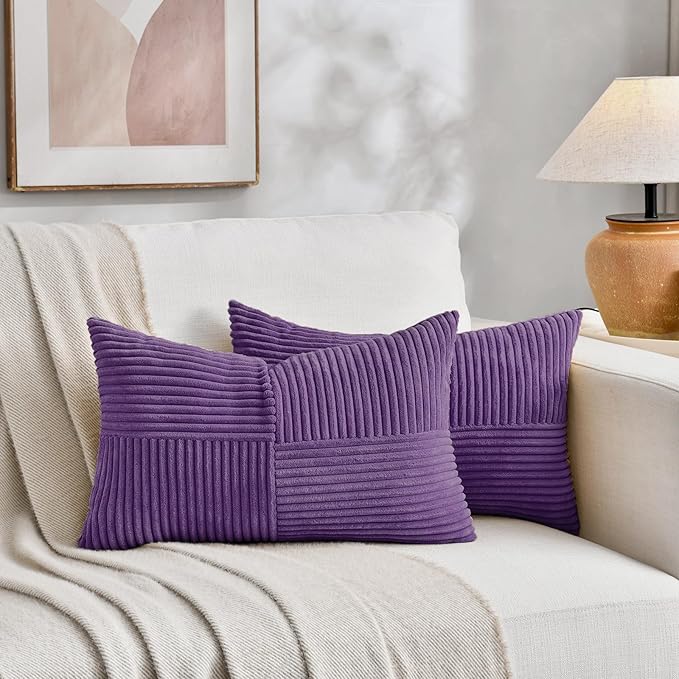 Fancy Homi 2 Packs Purple Lumbar Decorative Throw Pillow Covers 16x26 Inch for Living Room Couch Bed Sofa, Farmhouse Home Decor, Soft Striped Corduroy Rectangle Accent Cushion Case 65x40 cm