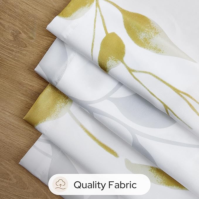 HOMEIDEAS Non-See-Through Gold and White Privacy Sheer Curtains 52 X 96 Inches Long 2 Panels, Leaf Floral Printed Light Filtering Semi Sheer Window Curtains Drapes for Bedroom Living Room
