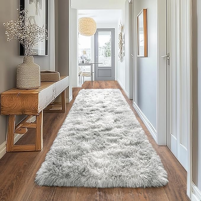 Pionblank Fluffy Runner Rugs for Bedroom 2x6, Modern Shaggy Area Rug for Hallway Living Room, Plush Soft Fuzzy Bedside Carpet for Kids Girls Boys Room Nursery Decor, Tie Dye Grey