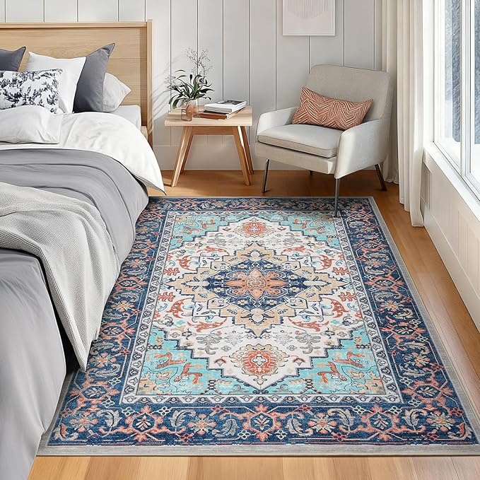 Lofus 3x5 Area Rugs for Living Room, Machine Washable Area Rug, Soft Small Rugs for Bedroom, Kitchen, Office and Indoor, Vintage Boho Carpet, Non-Slip Low Pile Carpets, Floral Blue