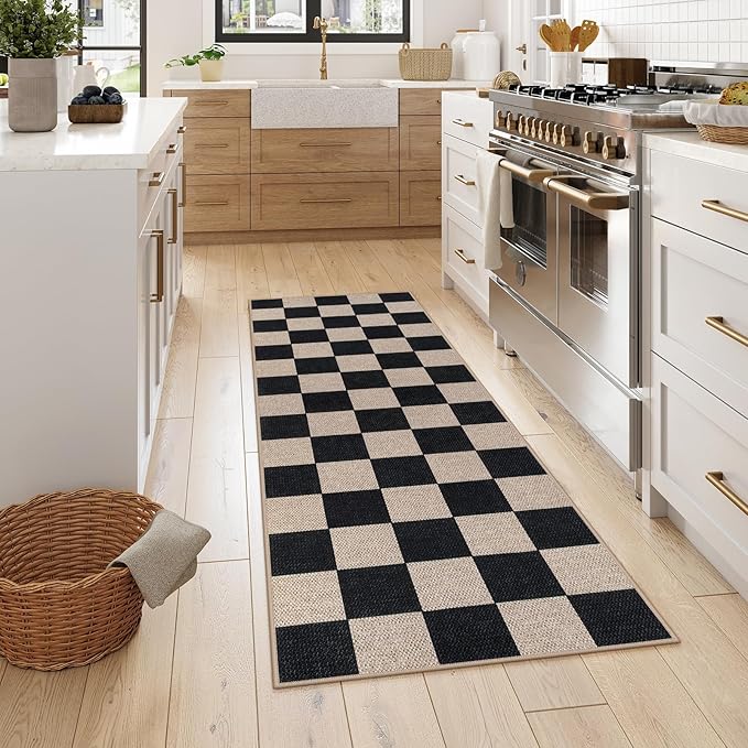 Lahome Colette Checkered Easy Jute Runner Rug, 2x6 Kitchen Runner Rug Non Slip Washable Outdoor Carpet for Entryway Indoor, Checkerboard Black Indoor Outdoor Carpet Runners for Hallway 6ft Entry