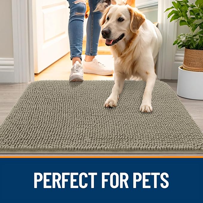 OLANLY Dog Door Mat for Muddy Paws 70x35, Absorbs Moisture and Dirt, Absorbent Non-Slip Washable Doormat, Quick Dry Chenille Mud Mat, Entry Indoor Entryway Carpet for Inside Floor, Warm Taupe