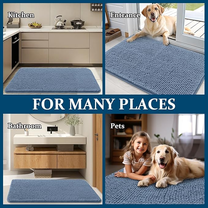 OLANLY Dog Door Mat for Muddy Paws 59x20, Absorbs Moisture and Dirt, Absorbent Non-Slip Washable Doormat, Quick Dry Chenille Mud Mat for Dogs, Entry Indoor Entryway Carpet for Inside Floor, Airy Blue