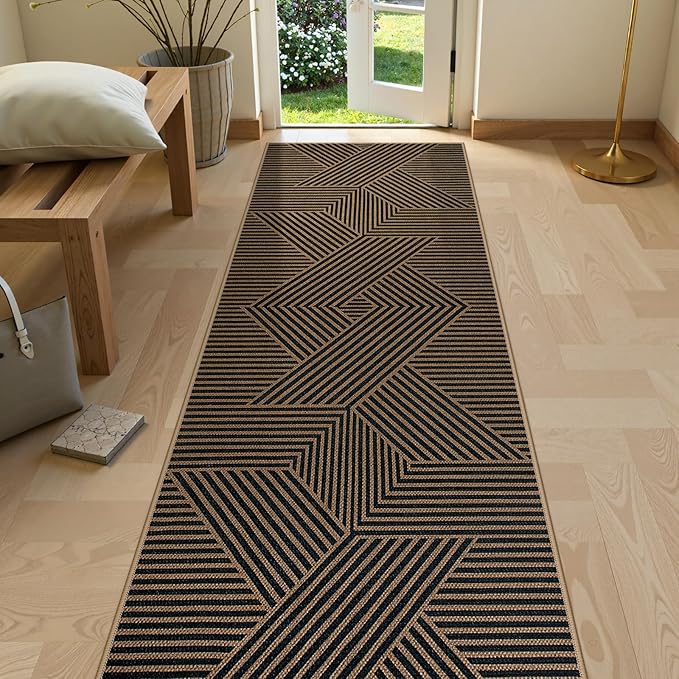 Lahome Enfys Modern Geometric Runner Rug, 2x8 Washable Rug Runners for Hallways Non Slip, Black Outdoor Carpet with Rubber Backing, Farmhouse Non Shedding Kitchen Mats for Floor Entryway