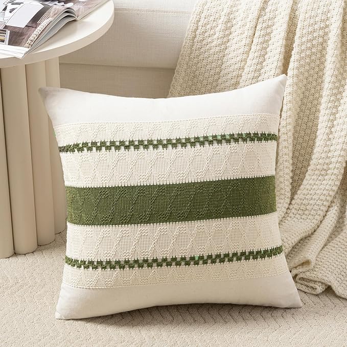 Fancy Homi Set of 1 Boho Moss Green Decorative Throw Pillow Cover 18x18 Inch for Couch Bed Sofa, Aesthetic Modern Organic Farmhouse Home Decor, Soft Cotton Cute Accent Macrame Woven Cushion Case