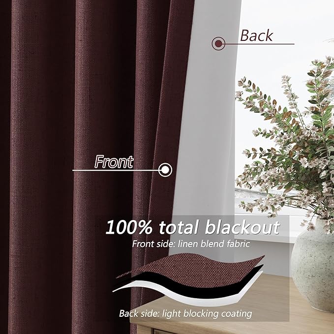 Guken 100% Blackout Curtains 96 Inch Length 2 Panels Set for Living Room Bedroom Back Tab Thermal Insulated Black Out Linen Drapes Room Darkening Reddish Brown,52x96