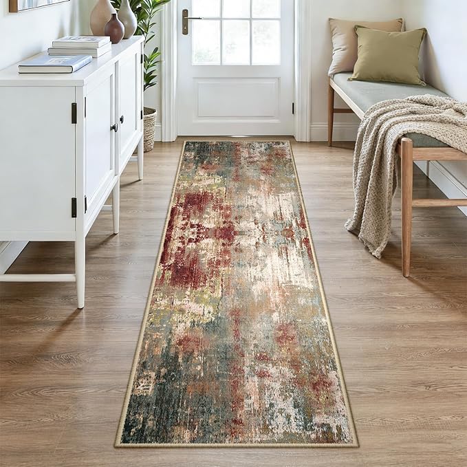 Washable Area Rugs 2'6''x8 Non-Slip Modern Abstract Soft for Living Room Entryway Bedroom Nursery, Print Pattern, Brown Rust Red Green Blue Multi