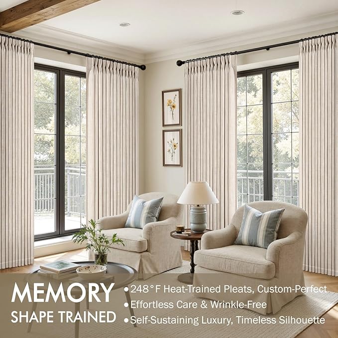 MIULEE Pinch Pleated Thick Linen Curtains 84 Inches Long 2 Panels for Living Room Bedroom, Linen Textured Memory Trained Drapes Pleat Back Tab Light Filtering Cream Ivory Window Curtains with Hooks