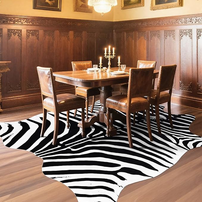 AROGAN Premium Faux Zebra Hide Rug 5.2 x 6.2 Feet, Sturdy and Large Size Bear Print Rugs, Suitable for Bedroom Living Room Western Decor, Faux Fur Animal Carpet, Black and White