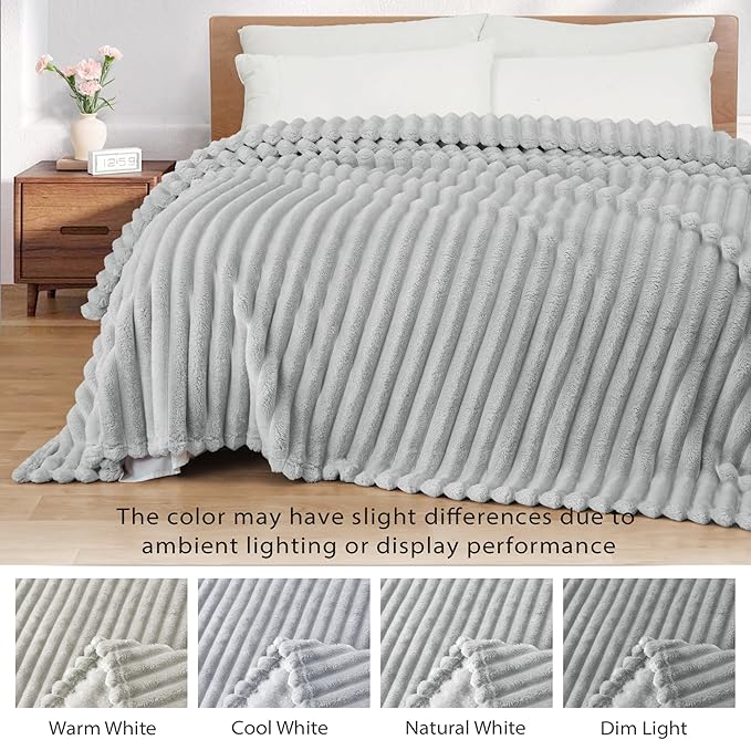 Exclusivo Mezcla California King Size Flannel Fleece Blanket, Super Soft Striped Jacquard Bed Oversized Blanket, Lightweight Fuzzy Cozy for All Seasons, 120x120 Inches, Light Grey