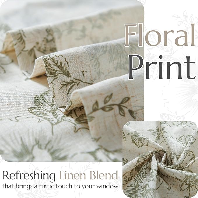 jinchan Pinch Pleated Curtains Floral Linen Blend Curtains for Living Room 84 Inches Length Green Peony Flower Printed Curtain Rod Pocket Back Tab Farmhouse Drapes with Hooks Set 2 Panels
