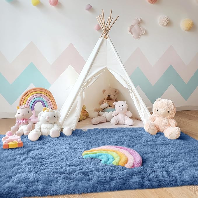 OLANLY Area Rugs for Living Room Bedroom, Machine Washable 4x5.9 ft Soft Fluffy Shaggy Bedside Rug, Indoor Floor Carpet for Kids Girls and Boys, Dorms, Nursery Rooms, Home Decor Aesthetic, Blue