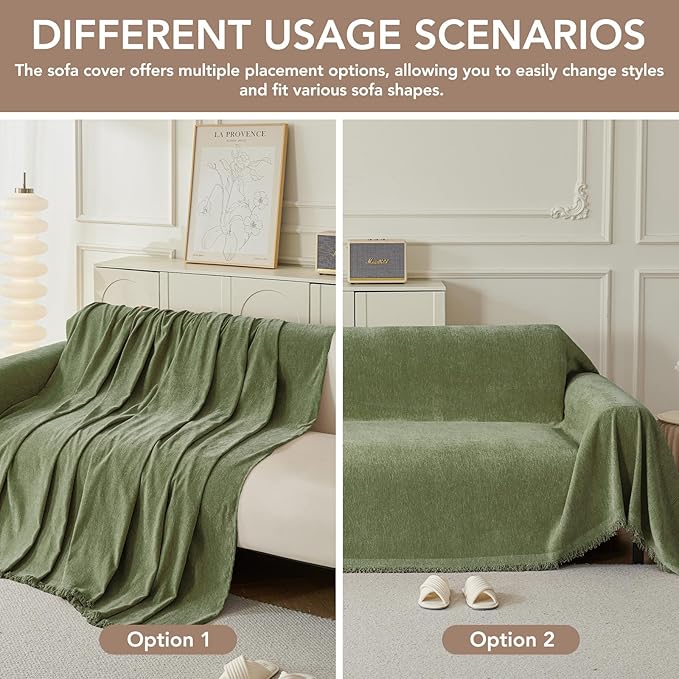 Couch Cover for Dogs, Boho Sofa Covers for 3 Cushion Couch, Chenille Sofa Slipcover for Pets Washable, L-Shape Sectional Couch Loveseat Cover Soft Throw Blankets with Tassels(71x118,Green)