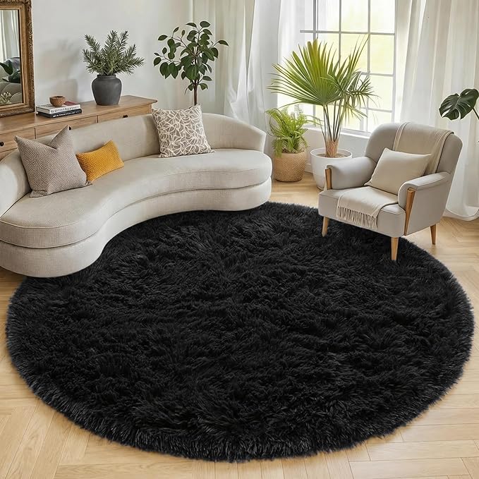 ONASAR Black Round Area Rugs 6ft, Ultra Soft Bedroom Circle Rug for Kids Girls Boys Teen Room, Fluffy Plush Shaggy Carpet Floor Mats for Baby Nursery Living Room Playroom Dorm Home Decor
