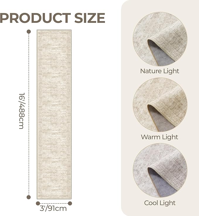 3x16 Washable Runner Rug for Hallway, Non-Slip Long Hallway Runner for Entryway, Soft Vintage Kitchen Mats for Floor, Abstract Dining Room, Bedroom, Living Room Rugs(3'x16', Beige/Ivory)