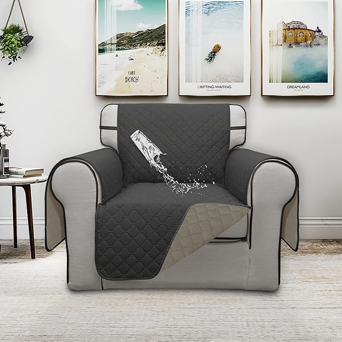 ISSUNTEX Double Protection 100% Waterproof Chair Sofa Cover for Living Room, Reversible Furniture Protector for Dogs, Pets, Kids (Chair, Dark Gray/Beige)