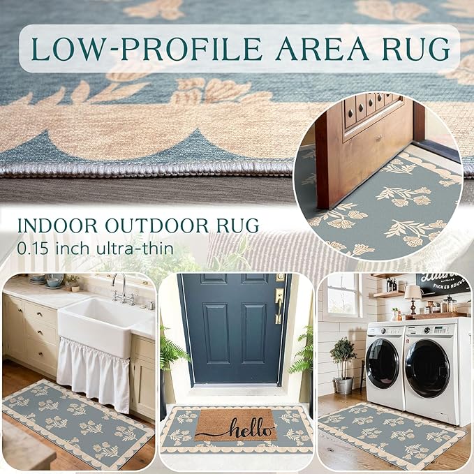 Front Door Mat Indoor Entrance - 2x4.3 Ft Floral Washable Layered Doormat Outdoor Entrance Porch Rug Non-Slip Blue Retro Farmhouse Runner Rug for Kitchen Bedroom Laundry Room Porch Decor