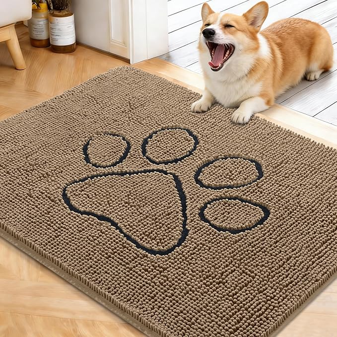 OLANLY Dog Door Mat for Muddy Paws 40x32, Paw Print Design, Absorbs Moisture and Dirt, Absorbent Non-Slip Washable Doormat, Quick Dry Chenille Mud Mat for Dogs, Entry Indoor Entryway Carpet, Tan