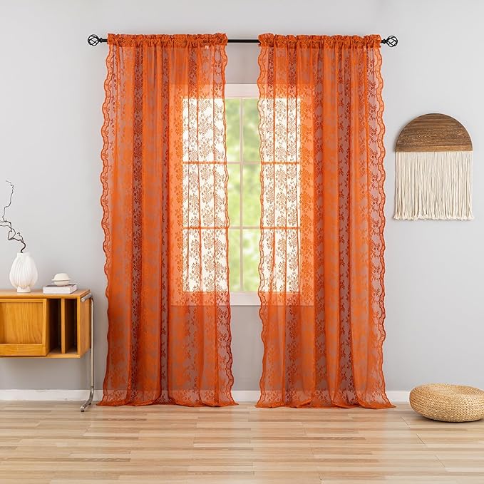YJ YANJUN Vintage Lace Curtains 102 Inches Long-Rust Retro Floral Burnt Orange Sheer Curtain Panels for Home Office Patio Sliding Door, Rod Pocket, Boho Halloween Fall Decor 2 Panels 52W x 102L