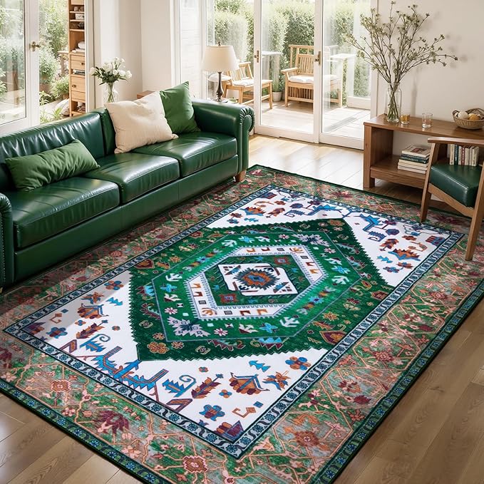 SERISSA Area Rug 3x5 Boho Rugs for Bedroom, Washable Non-Slip Living Room Rug, Ultra Soft Print Distressed Vintage Green White Rug Low-Pile Throw Carpet for Entry Kitchen Bedroom Nursery Dorm Decor