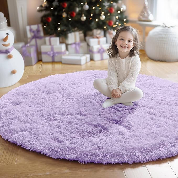 Amdrebio Light Purple Round Circle Rug 5Ft for Girls Bedroom, Fluffy Fuzzy Area Rugs for Kids Room Decor Aesthetic, Cute Furry Shaggy Circular Princess Carpet for Playroom, Baby Nursery, Preppy Dorm