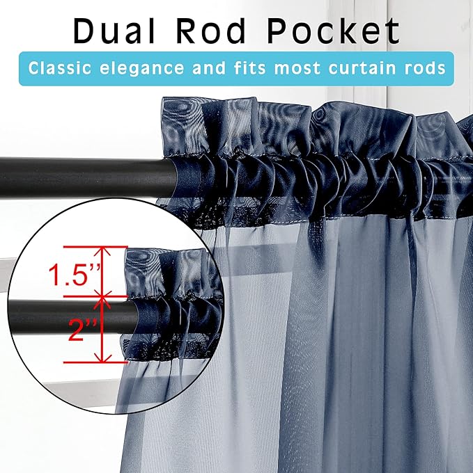 OWENIE Navy Blue Sheer Curtains 72 Inches Long 2 Panels, Transparent Voile Sheer Curtain Double Rod Pocket Gauze Drapes for Living Room Bedroom Window Sliding Glass Door Treatment, 42 x 72 Inch